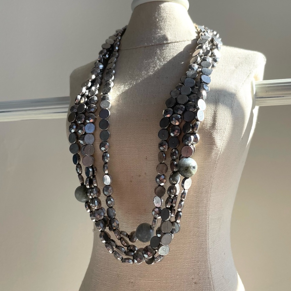 Statement Multi Layered Silver Beaded And Gray St… - image 5
